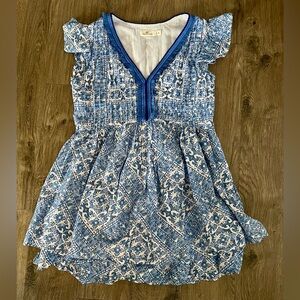 Vineyard Vines Blue Tile Scarf Print Tassel Trim Flutter Sleeve Dress Medium